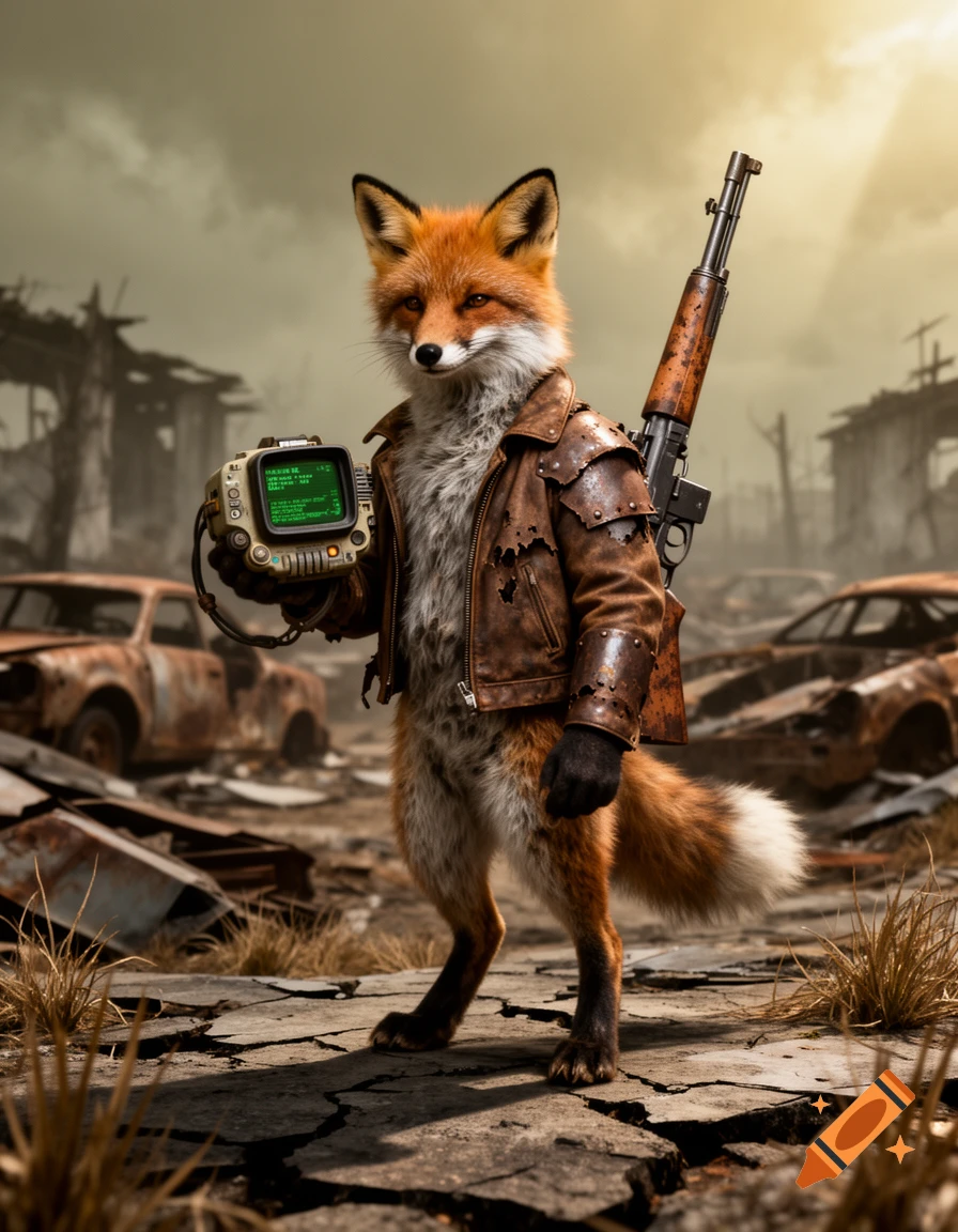 A realistic anthropomorphic fox in a leather jacket holds a screen device and rifle, standing in a post-apocalyptic wasteland with ruined cars.