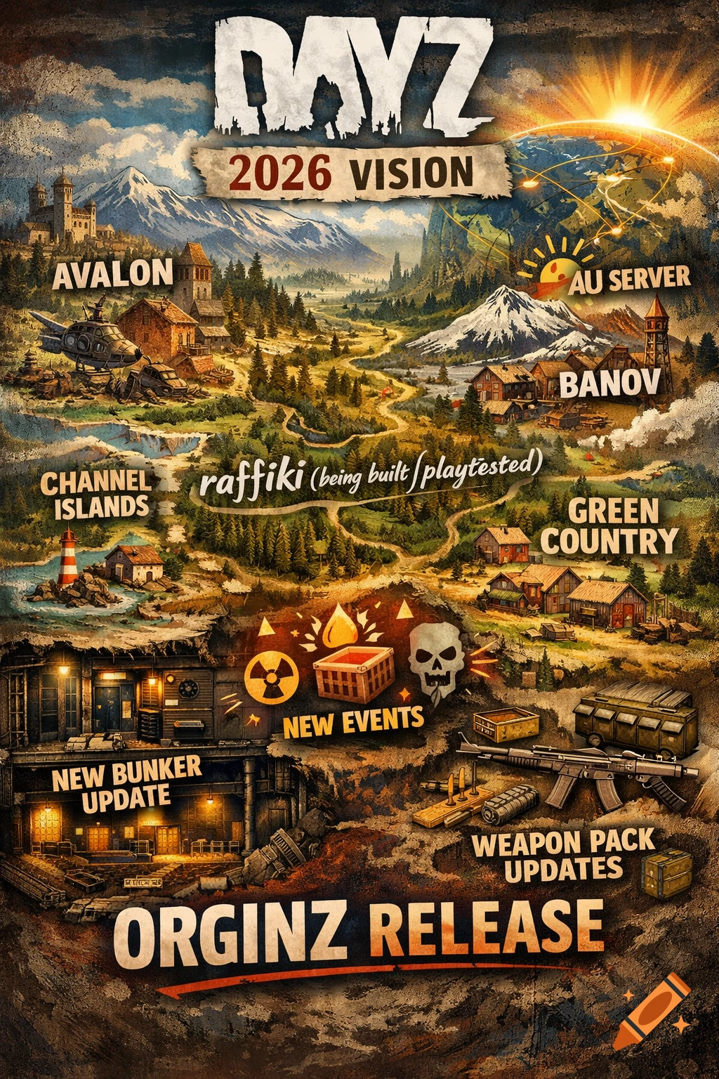An illustrative game roadmap for 'DAYZ 2026 Vision' showing a detailed map with various named locations, updates, and new features.