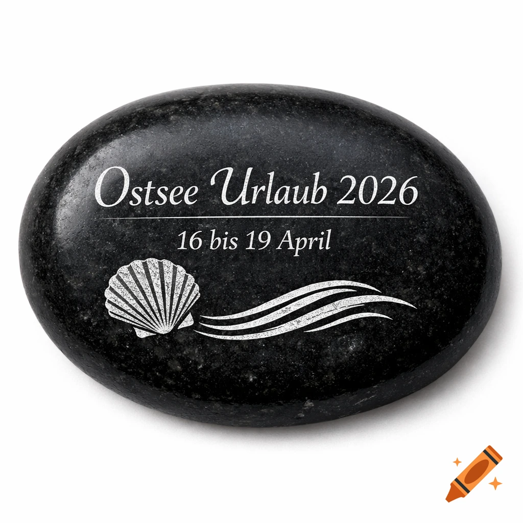 Smooth dark pebble with white laser engraving: 'Ostsee Urlaub 2026' and '16 bis 19 April', alongside a seashell and waves.