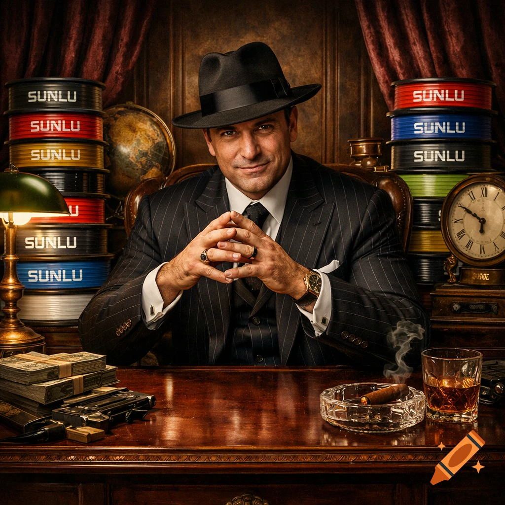A man in a fedora and pinstripe suit sits at a grand desk, hands clasped, surrounded by stacks of "SUNLU" filament, money, a gun, and a cigar with whiskey.