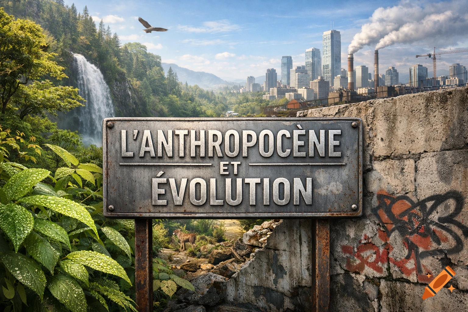 A photorealistic landscape split between a vibrant forest with a waterfall and a polluted industrial city, with a sign 'L'ANTHROPOCÈNE ET ÉVOLUTION' in the foreground.