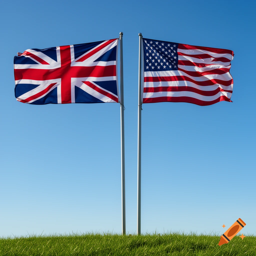 The Union Jack and the US flag wave side-by-side on flagpoles over green grass against a clear blue sky.