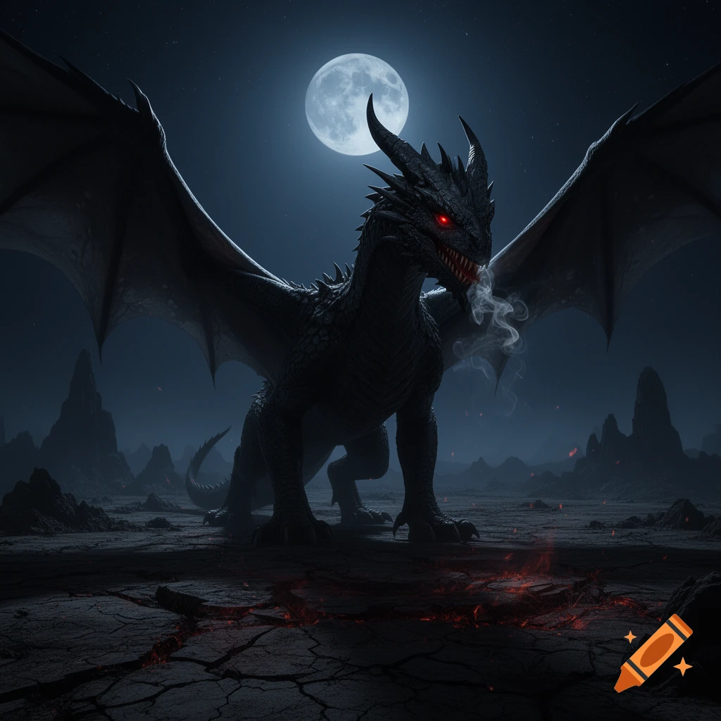 A menacing black dragon with glowing red eyes breathes smoke, standing ...