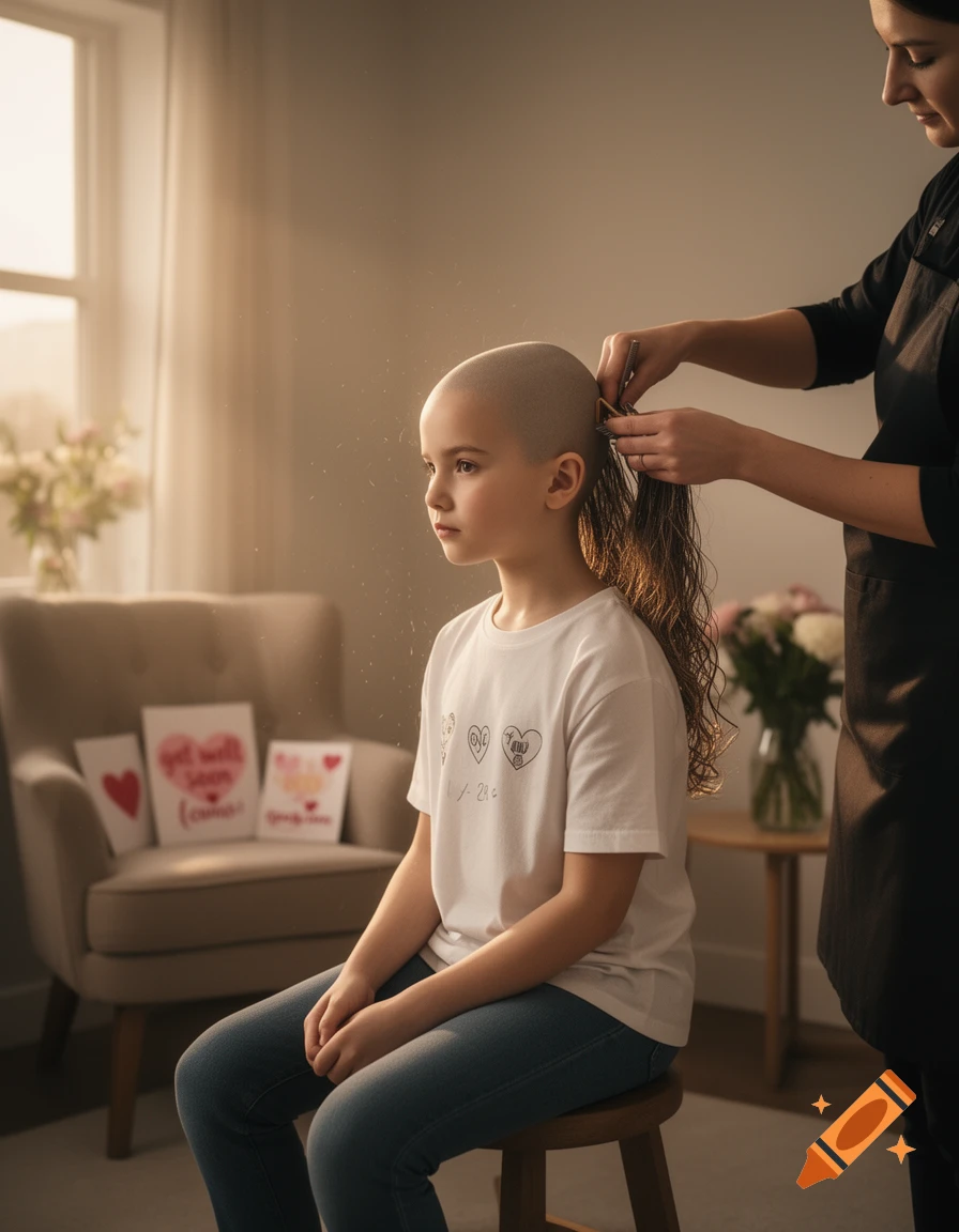A photorealistic image of a young girl with a shaved head and long hair in a ponytail, being cut by an adult in a sunlit room. Get well soon cards are in the background.