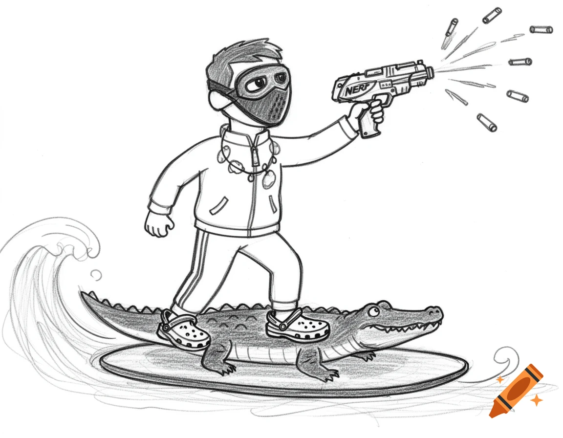 Black and white pencil sketch of a masked man in a tracksuit, wearing Crocs, surfing on a crocodile while shooting a Nerf gun.