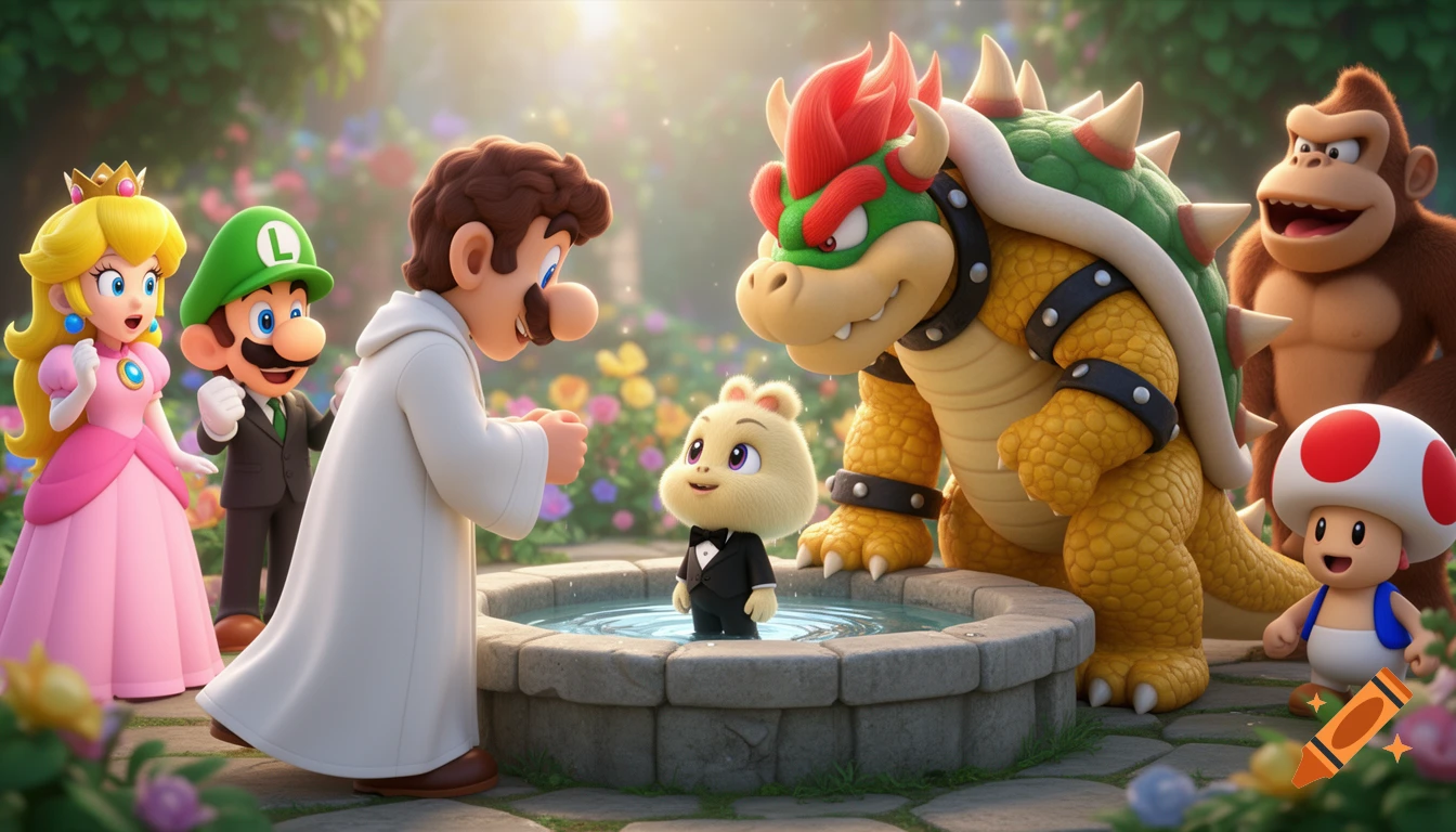 Mario in white robes baptizes a small furry creature in a stone fountain, observed by Peach, Luigi, Bowser, Donkey Kong, and Toad in a lush 3D animated garden.