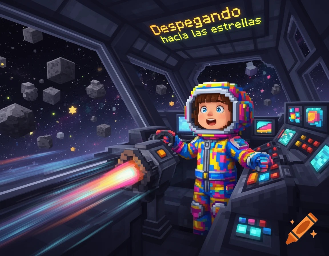 Pixel art of a child in a colorful spacesuit piloting a spaceship through space with asteroids and stars, text reads 'Despegando hacia las estrellas'.