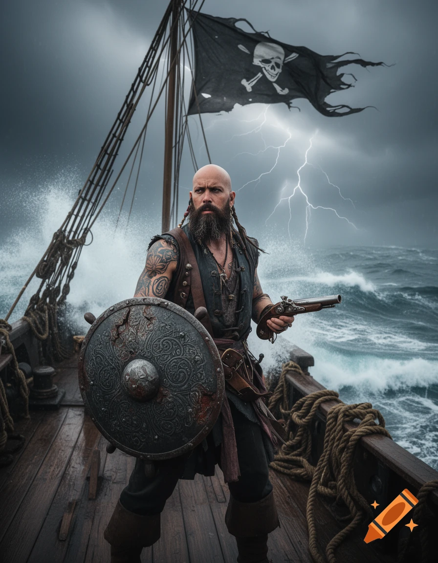 A bald, bearded pirate with tattoos stands on a ship in a stormy sea, holding a shield and a pistol, with a tattered Jolly Roger flag flying above.