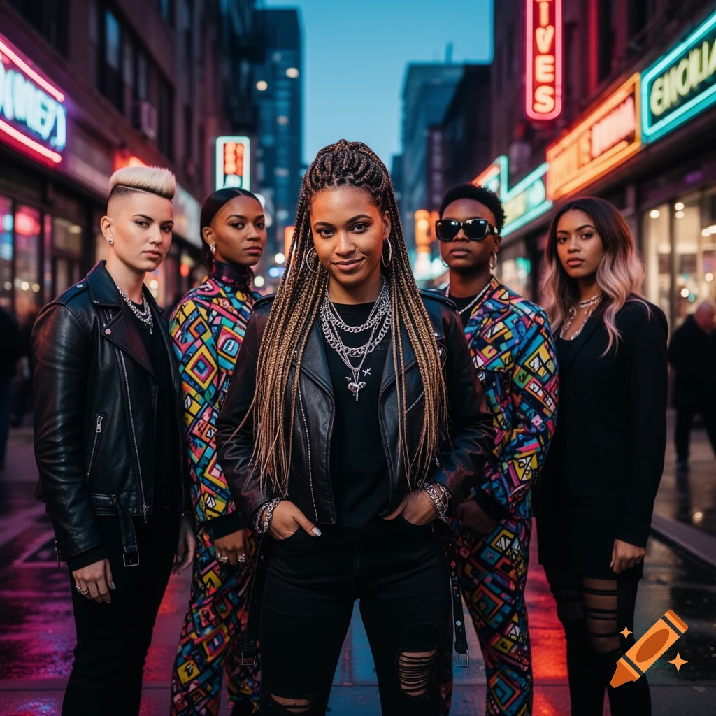 Five stylish women posing on a city street at dusk, with neon signs in the background.