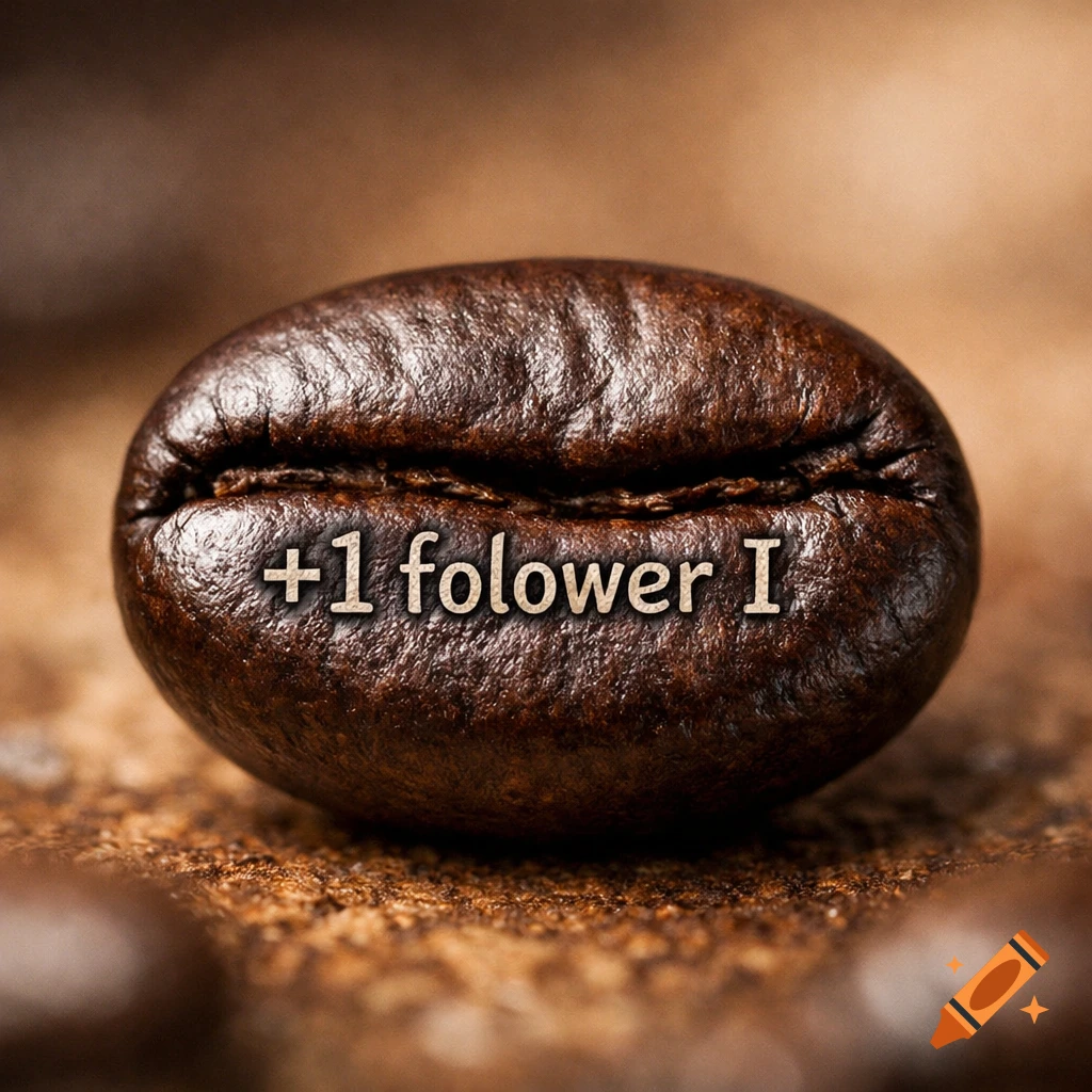 A macro close-up of a roasted coffee bean with the text '+1 folower I' embossed on its surface.