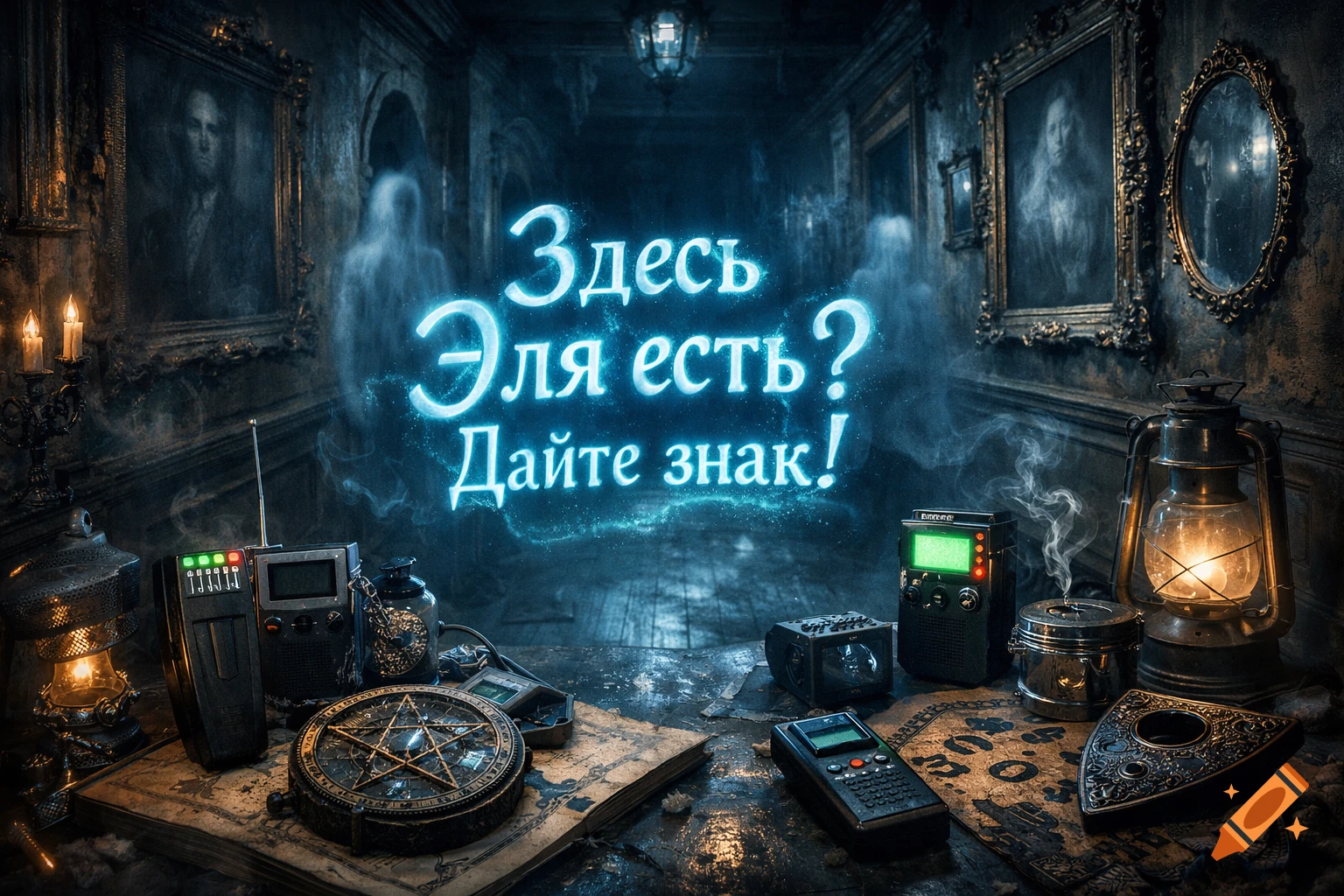 A dark, haunted hallway with glowing Russian text "Is Elya here? Give a sign!" floating above paranormal tools on a table.