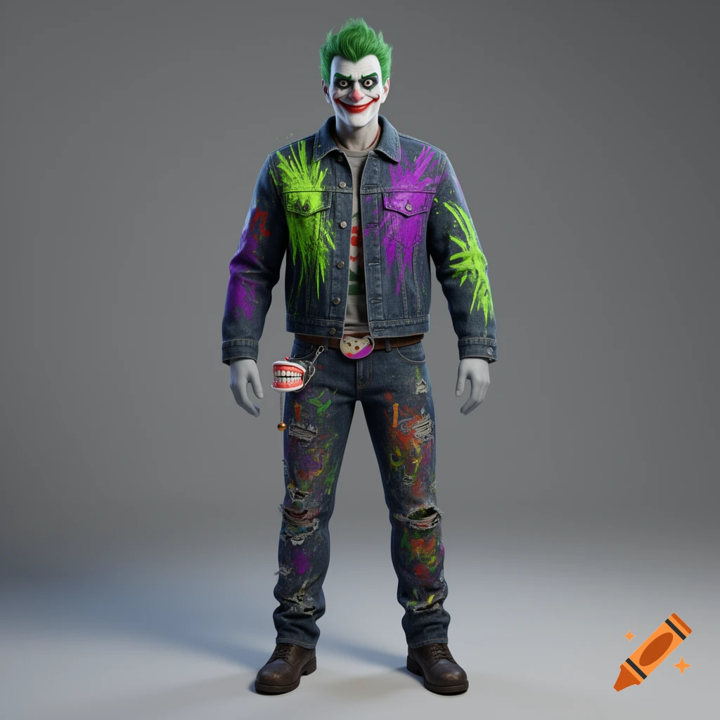 A full-body 3D render of a Joker-inspired character wearing a paint-splattered denim jacket and ripped jeans, with a wind-up teeth toy on their belt, on a grey background.