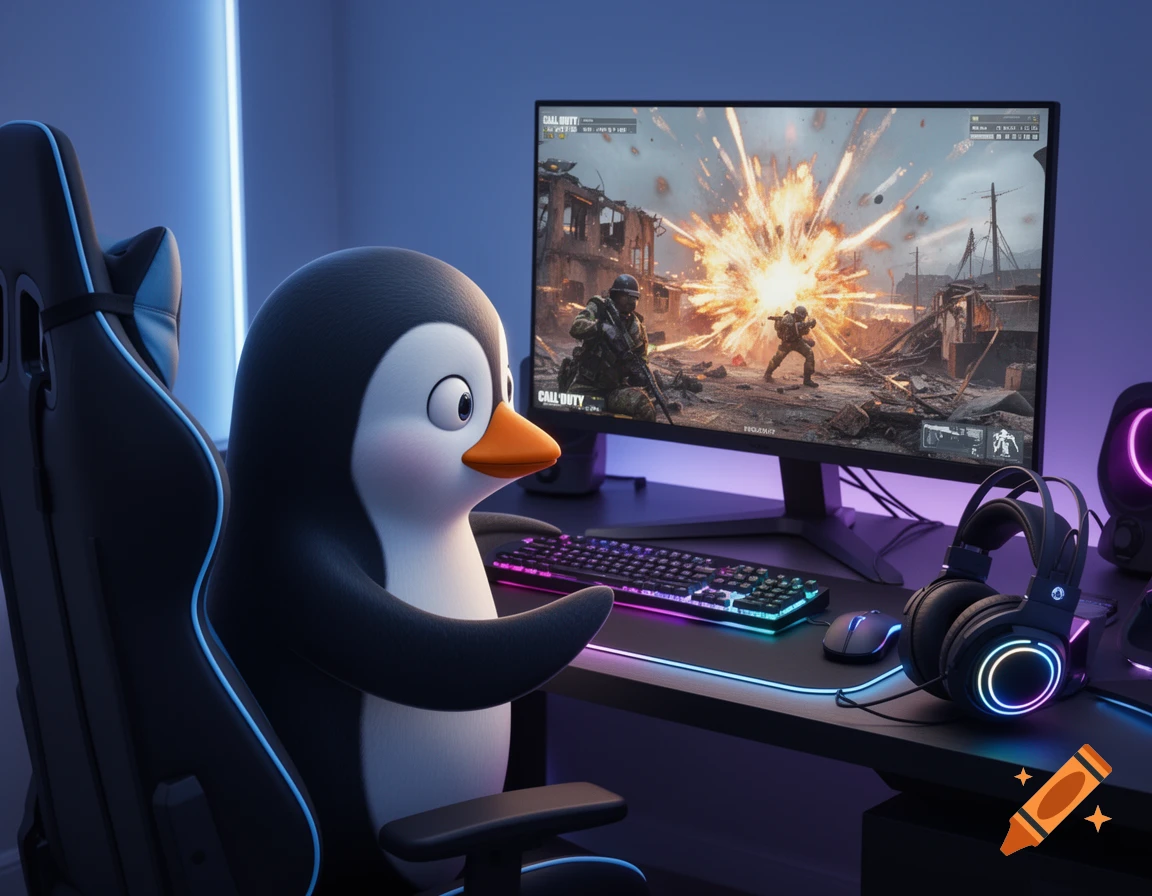 A 3D animated penguin plays a Call of Duty-style game on a computer with RGB lighting.