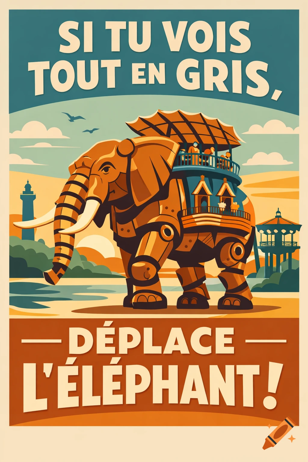 Stylized travel poster: a brown mechanical elephant carrying people on a beach with a lighthouse, featuring French text.