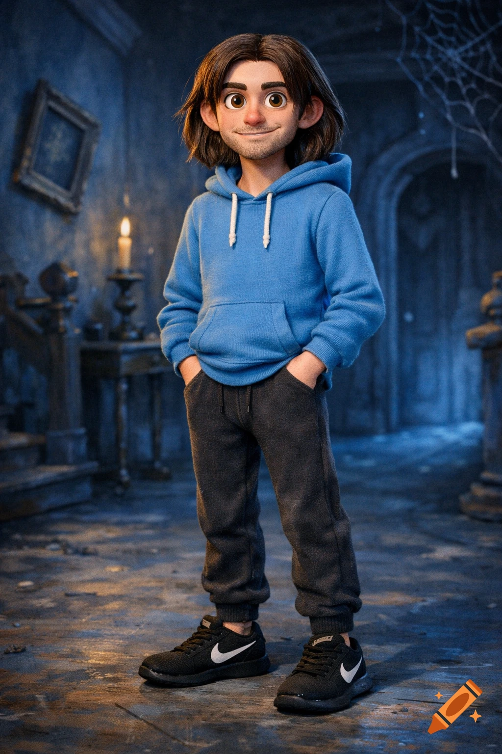 A stylized animated male character in a blue hoodie and dark pants stands in a dark, spooky room.