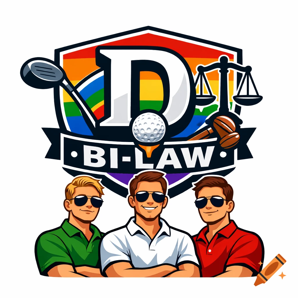 A sports logo featuring a golf club, ball, and scales of justice on a rainbow shield with a large 'D' and 'BI-LAW' text, above three men in polo shirts and sunglasses.