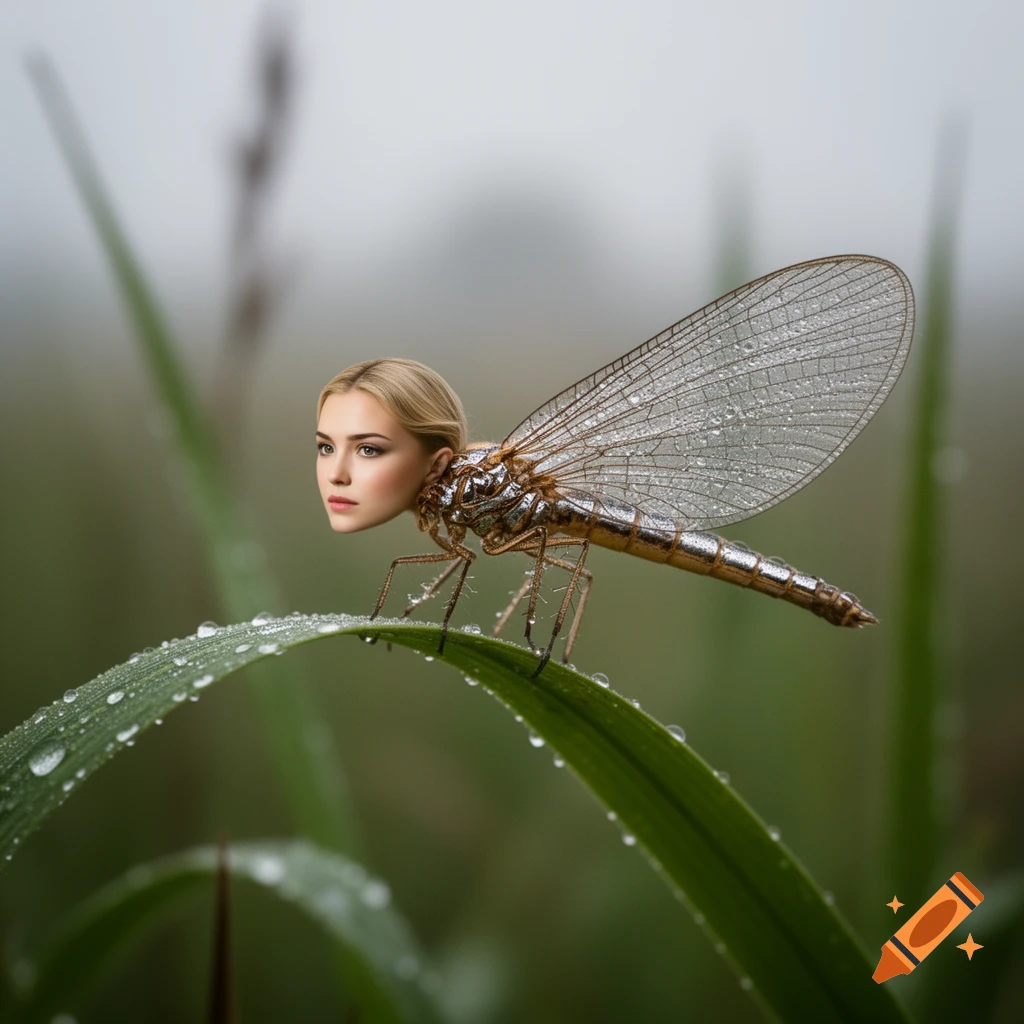 Photorealistic image of a dragonfly with actress Sydney Sweeney's face perched on a dewy green blade of grass.