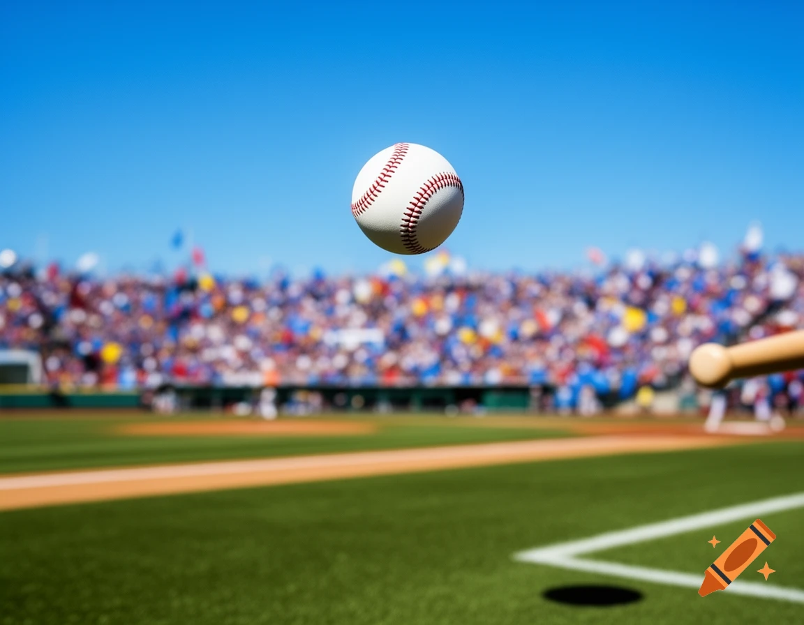 A baseball floats in mid-air above a green baseball field with a blurred crowd and a bat on the right, under a clear blue sky. Photorealistic.