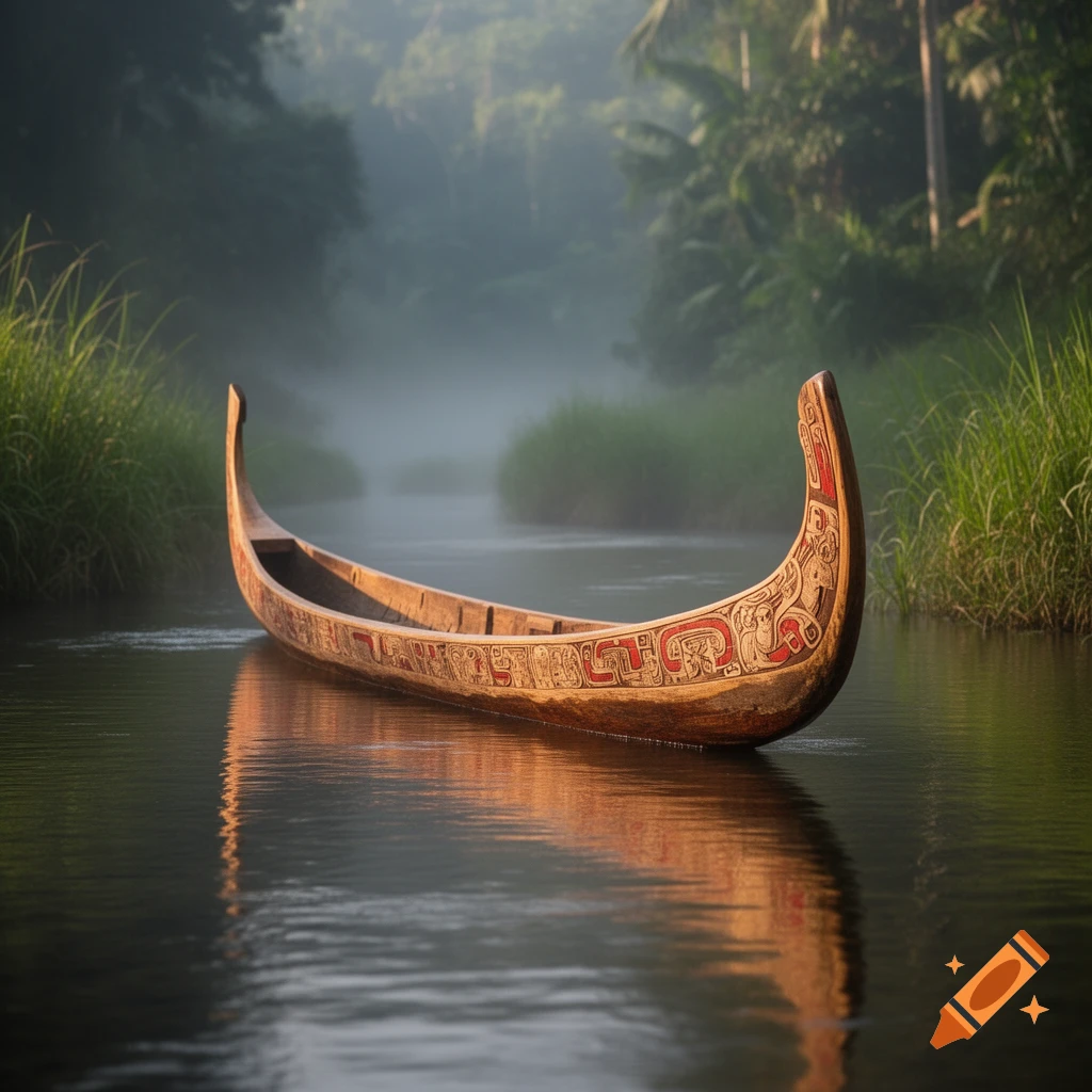 A decorative wooden canoe floats on a misty river surrounded by lush green jungle foliage, with light dappling the water.