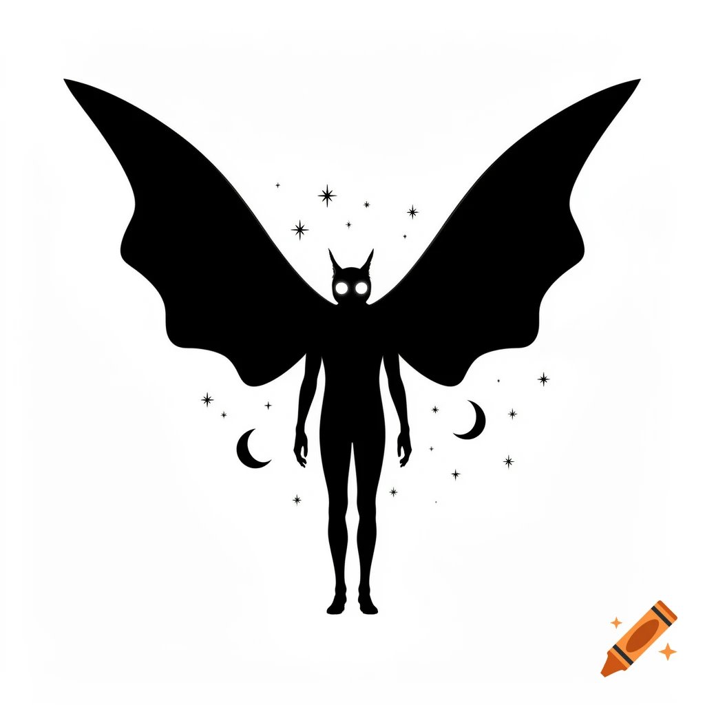 Black and white illustration of a Mothman silhouette with large wings, glowing eyes, horns, stars, and crescent moons.