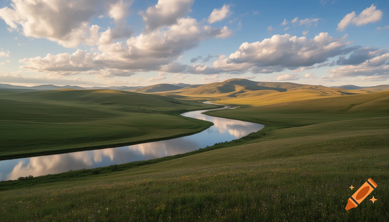 A winding river reflects a cloudy sky as it flows through rolling green hills under warm sunlight.