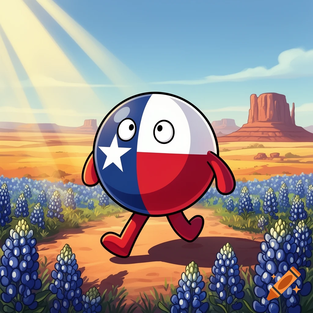 A cartoon Texasball character with googly eyes walks through a field of bluebonnets in a desert landscape with mesas under a sunny sky.