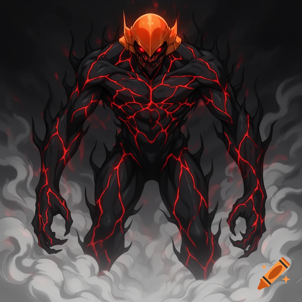 A dark, muscular monster with glowing red veins, an orange helmet, and red eyes, standing in smoke.