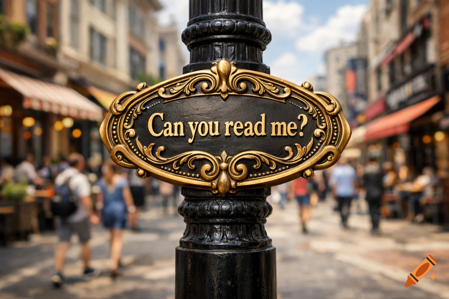 A decorative gold and black street sign reads "Can you read me?" on a bustling city street.