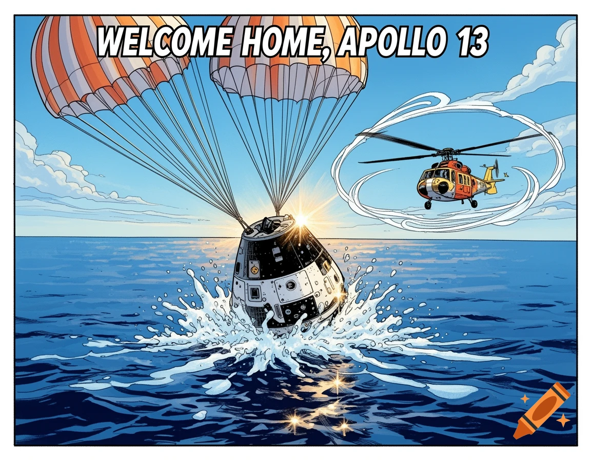 A comic panel showing an Apollo capsule splashing into the ocean with parachutes and a helicopter nearby. Text reads WELCOME HOME, APOLLO 13.