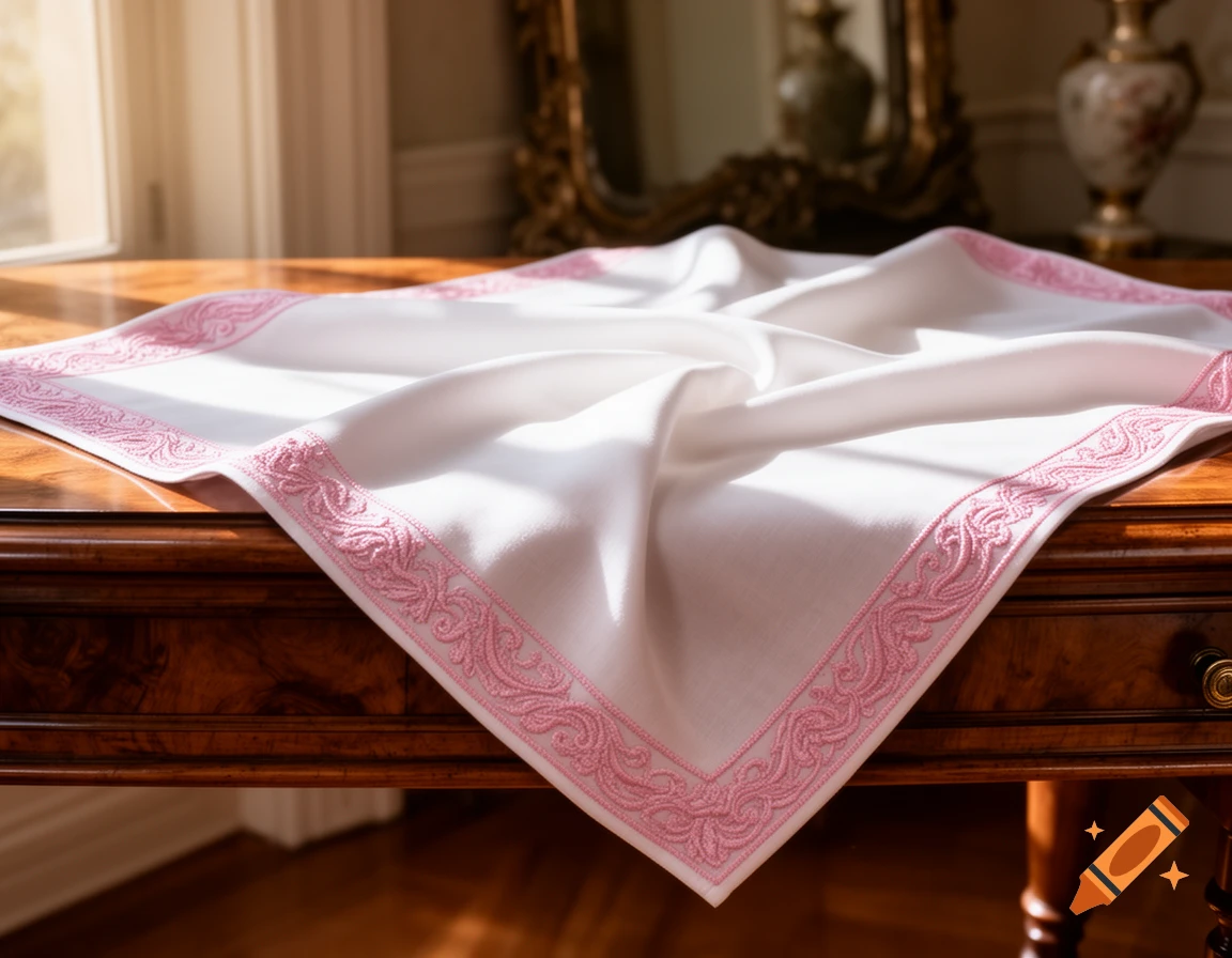 A white tablecloth with an intricate pink embroidered border draped over a polished wooden table in a sunlit room.