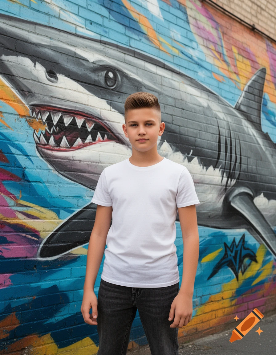 A young boy with a modern haircut stands in front of a vibrant brick wall mural featuring a large gray shark.