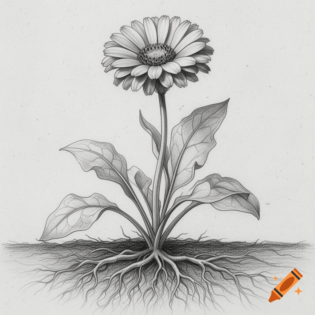 A detailed pencil drawing of a calendula plant showing its flower, leaves, stem, and intricate root system.