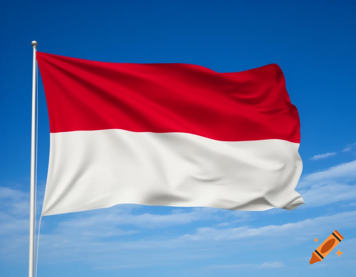 The red and white flag of Indonesia waves against a clear blue sky.