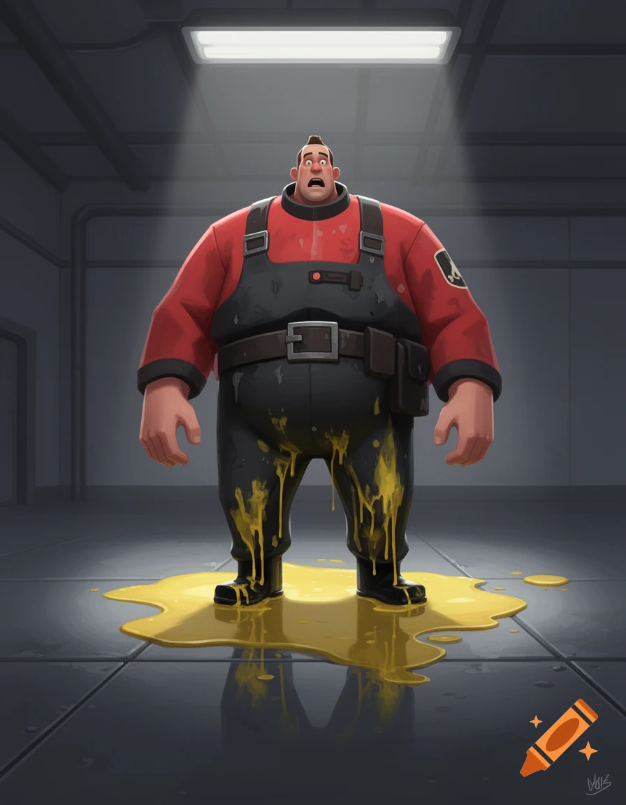 A cartoonish Team Fortress 2 Heavy, looking shocked, stands in a puddle of yellow liquid that drips from his overalls in a dimly lit room.