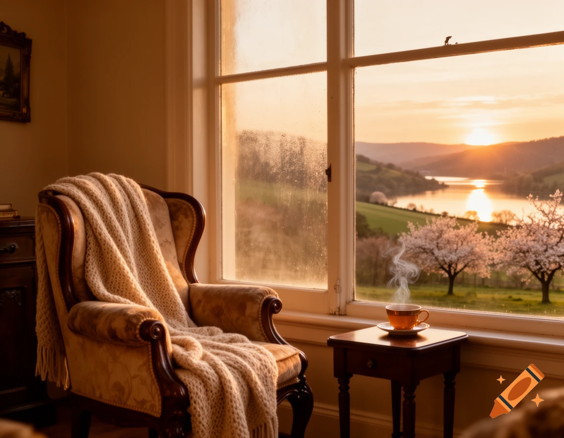 Cozy armchair with a blanket next to a window overlooking a tranquil lake at sunset, with a steaming cup of tea on a small table.