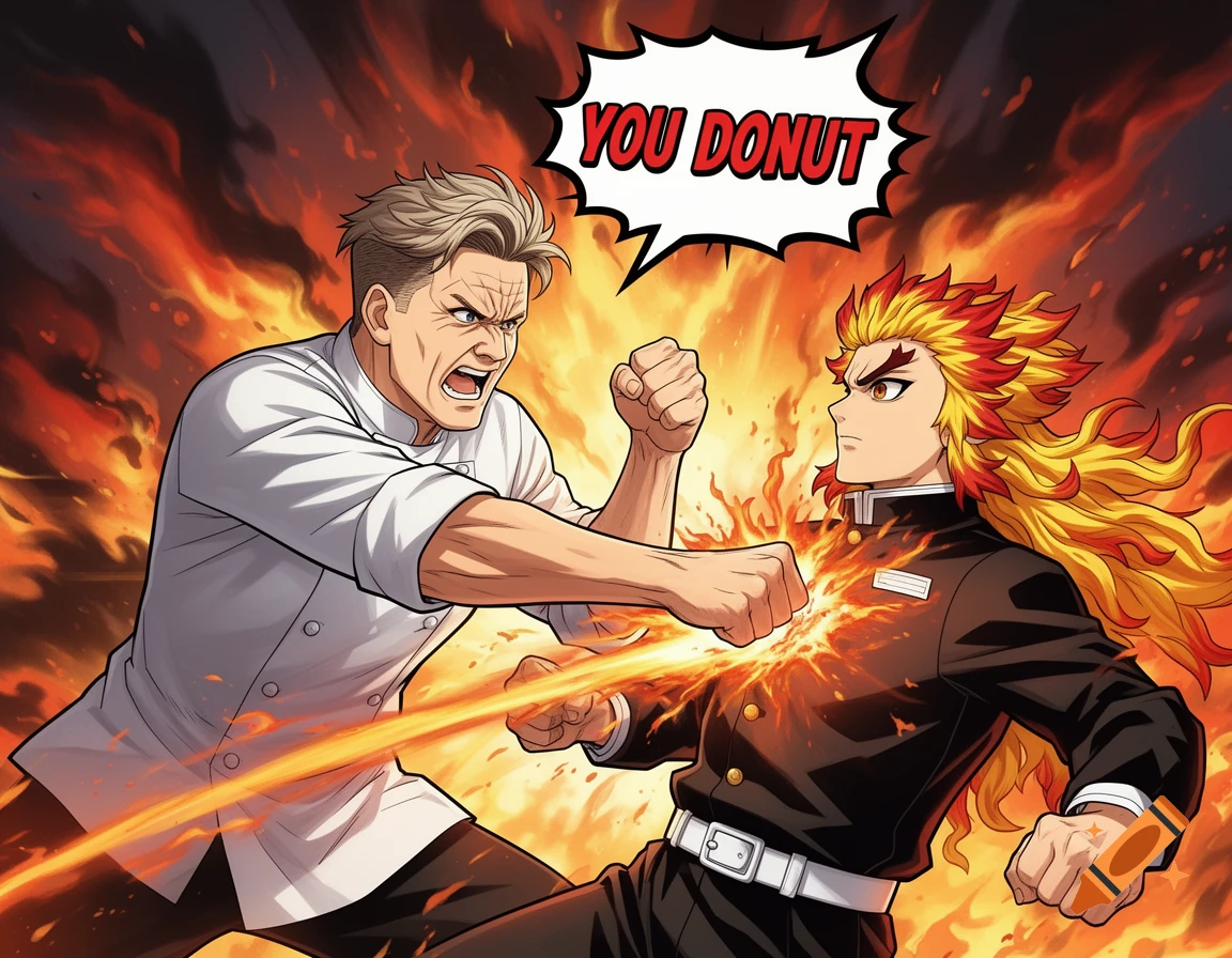Anime style depiction of Gordon Ramsay punching Rengoku, surrounded by flames, with a 'YOU DONUT' speech bubble.