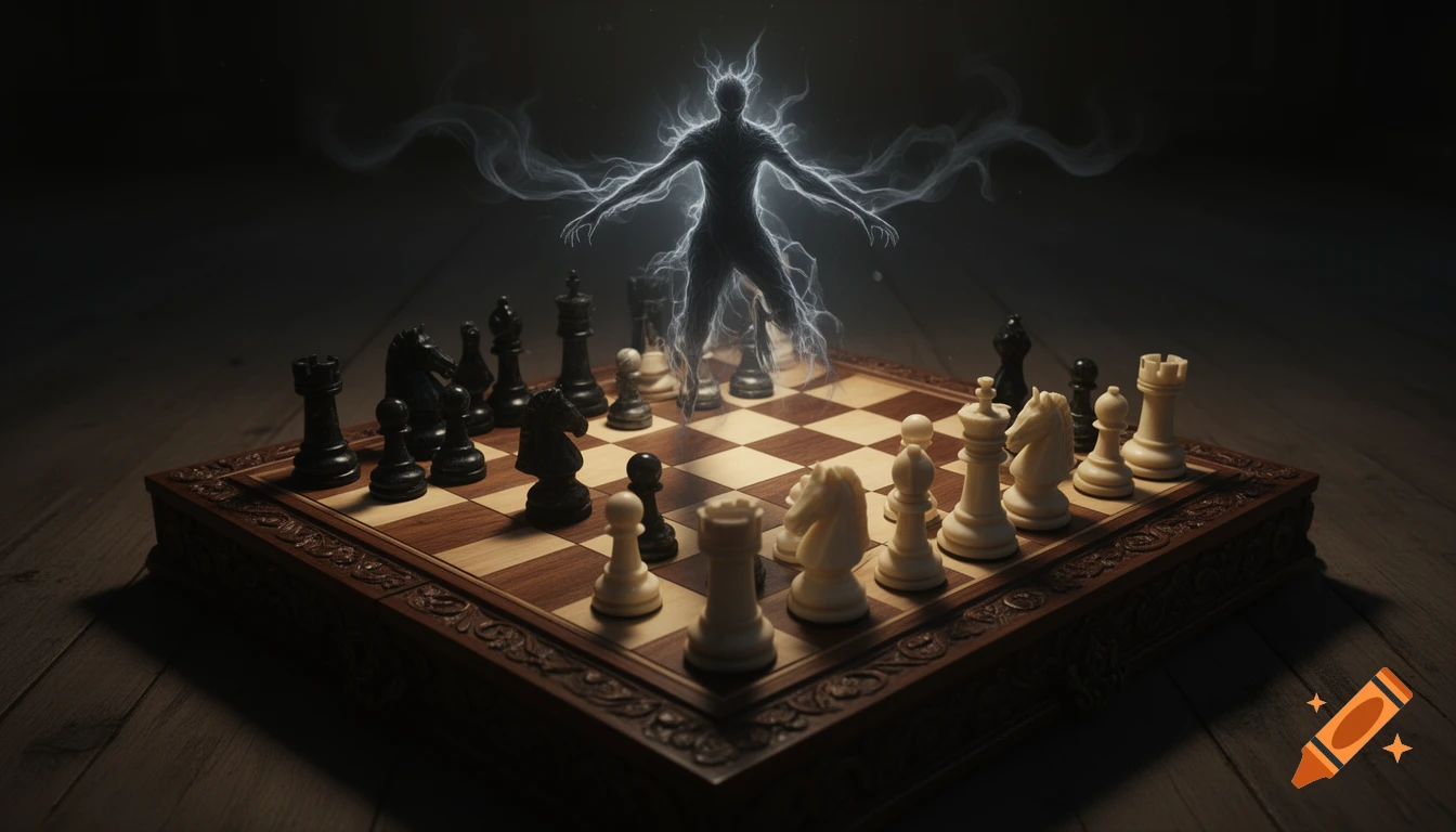 A shadowy, glowing spirit looms over a chessboard with white and black pieces in a dark, cinematic style.