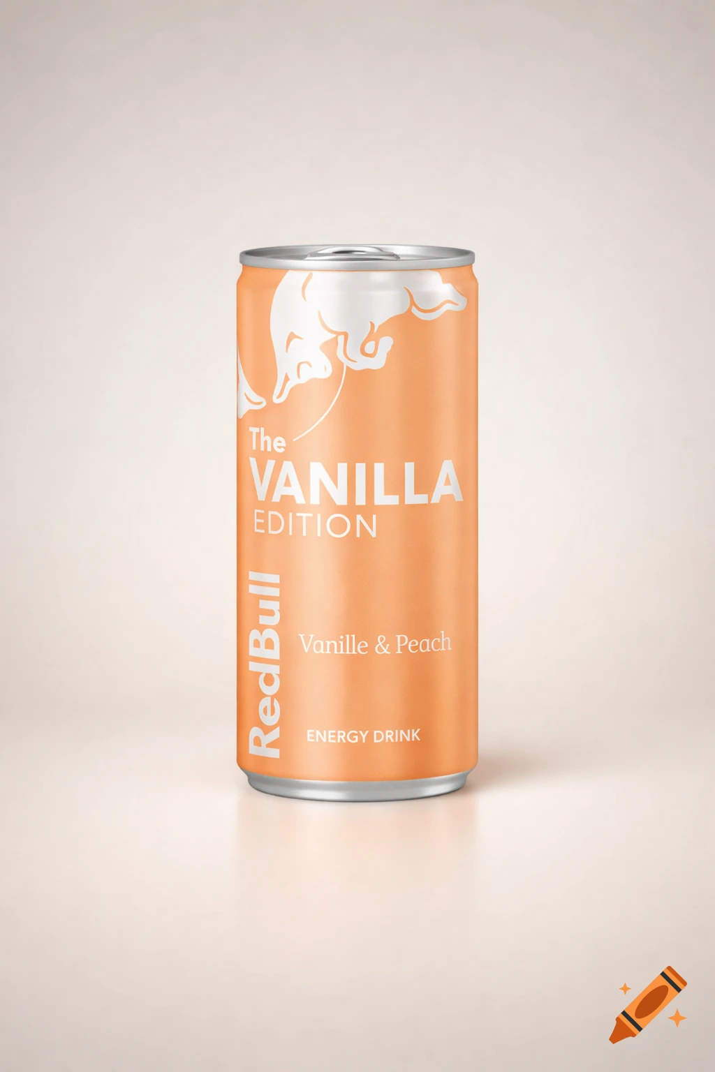 A pastel orange Red Bull can with 'The Vanilla Edition' and 'Vanille & Peach' text on a light background.