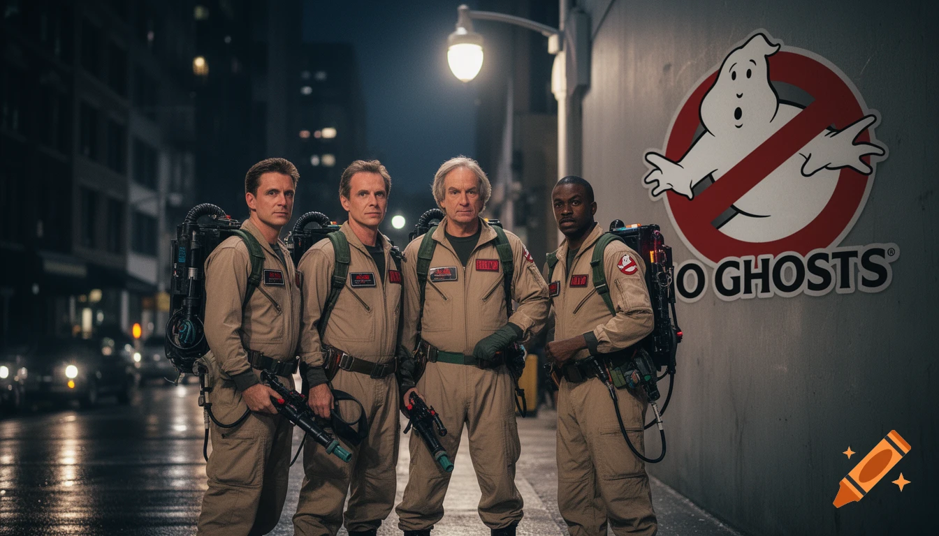 Four Ghostbusters in tan jumpsuits and proton packs stand at night next to a large Ghostbusters logo on a wall, in a photorealistic scene.