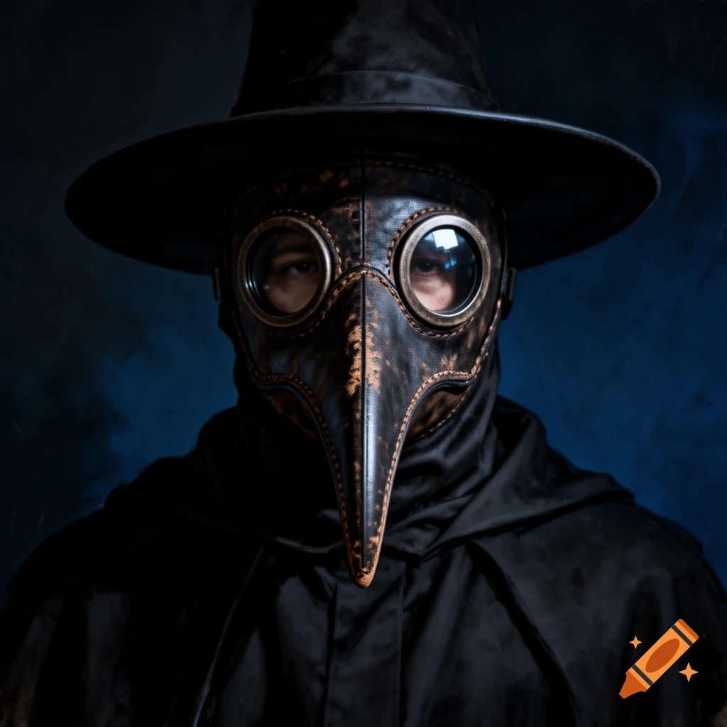 Close-up portrait of a person wearing a dark leather plague doctor mask with goggles, a wide-brimmed hat, and a black cloak against a dark blue background.