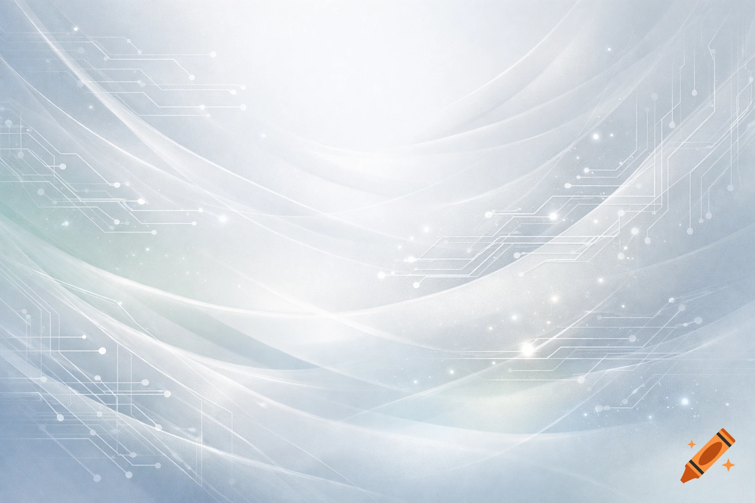 Abstract background with glowing white and light blue waves, sparkling particles, and delicate circuit board lines.