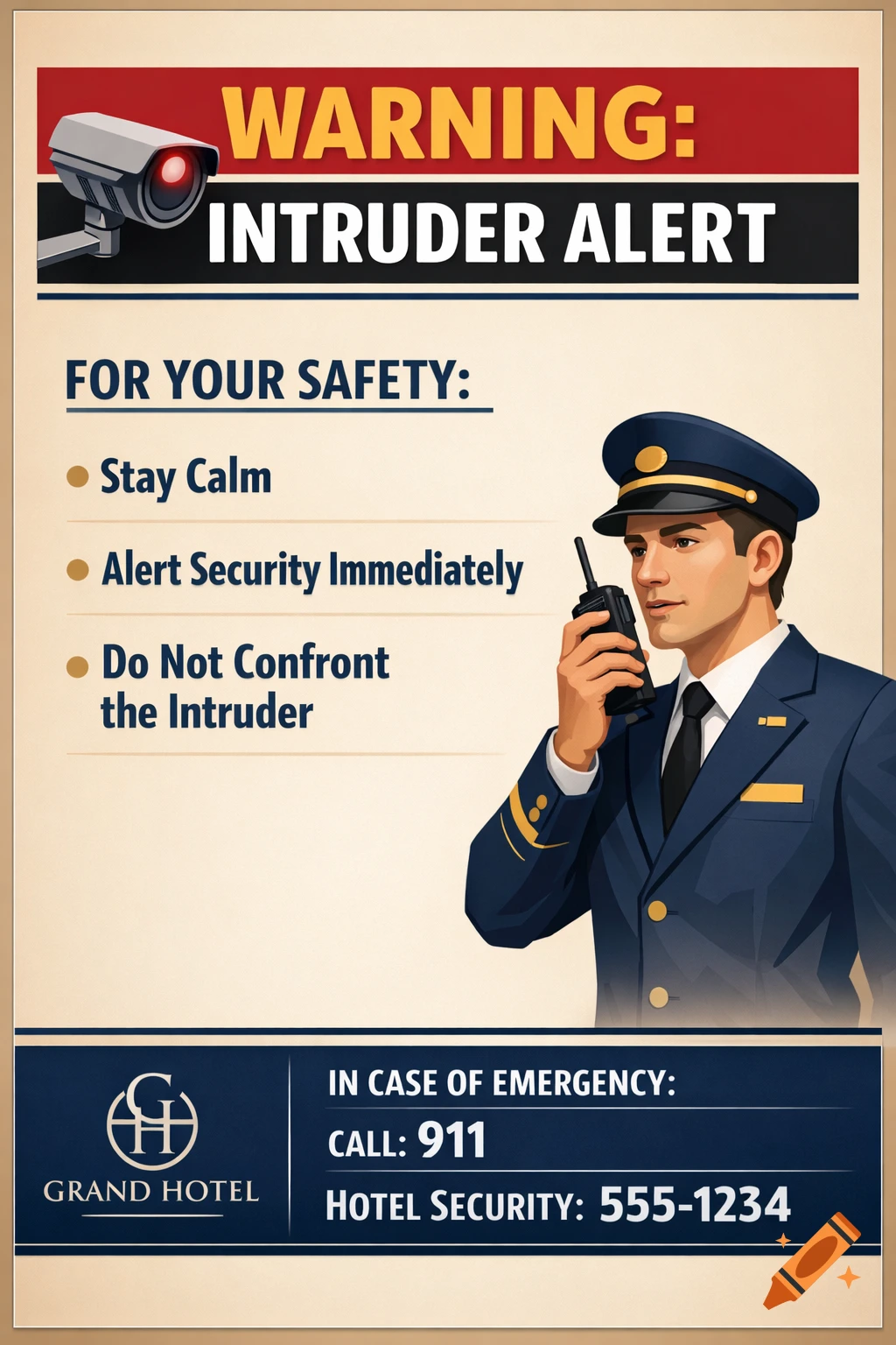 Illustrated security poster for Grand Hotel with a guard and 'INTRUDER ALERT' warning, safety instructions, and emergency contact numbers.