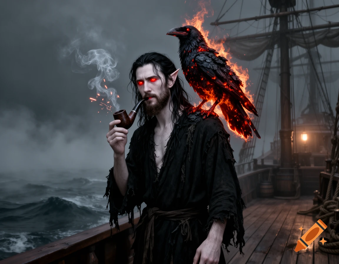 A dark elf with glowing red eyes smokes a pipe, a flaming raven on his shoulder, on a foggy pirate ship deck with stormy seas.