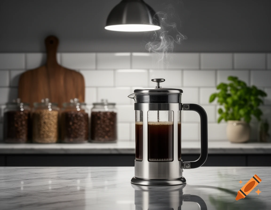 A steaming French press coffee maker sits on a marble countertop in a modern kitchen, with blurred jars and a cutting board in the background.