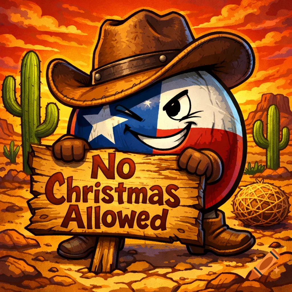 A cartoon Texas flag character wearing a cowboy hat, winking and smiling, holds a wooden sign that reads "No Christmas Allowed" in a desert landscape with cacti and mesas.