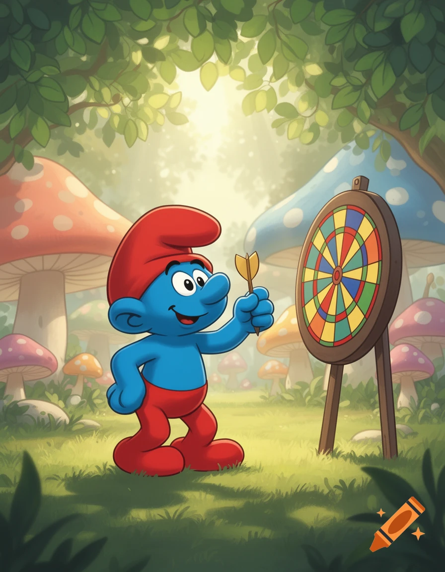 A blue Smurf in a red hat and pants holds a dart next to a dartboard in a magical forest with giant mushrooms, in a cartoon style.