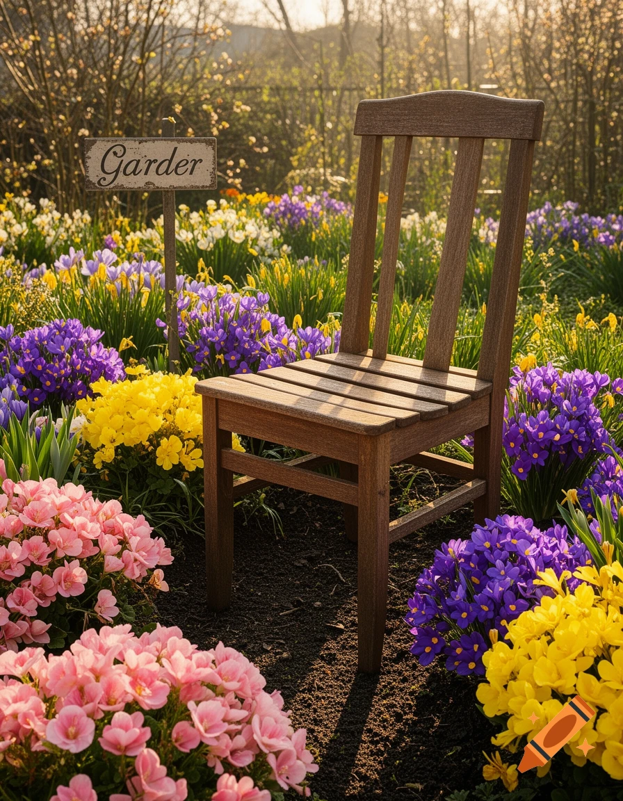 A rustic wooden chair in a vibrant garden filled with pink, yellow, and purple flowers, and a sign reading Garder.