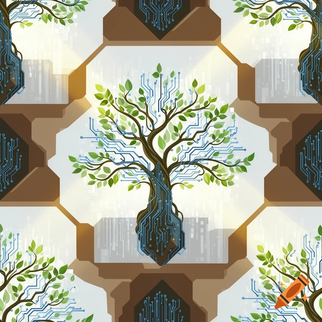 Seamless solarpunk tile pattern featuring stylized trees with circuit board branches and roots in an octagonal design.