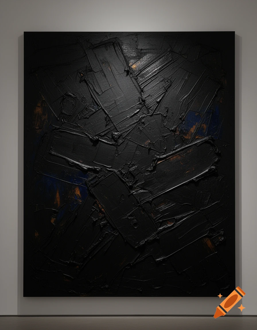 A large, square, heavily textured abstract painting, predominantly black with subtle hints of blue and gold, displayed in a gallery.
