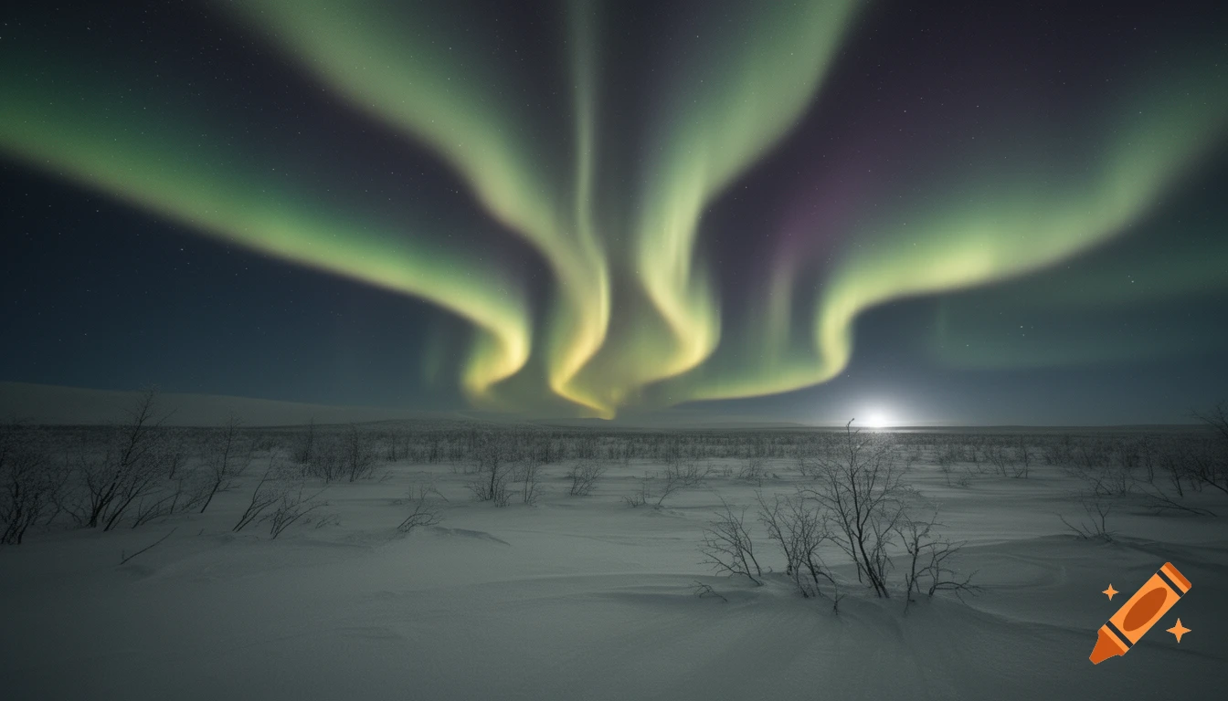 Aurora borealis in green, yellow, and purple hues over a snow-covered landscape with bare trees under a starry sky.